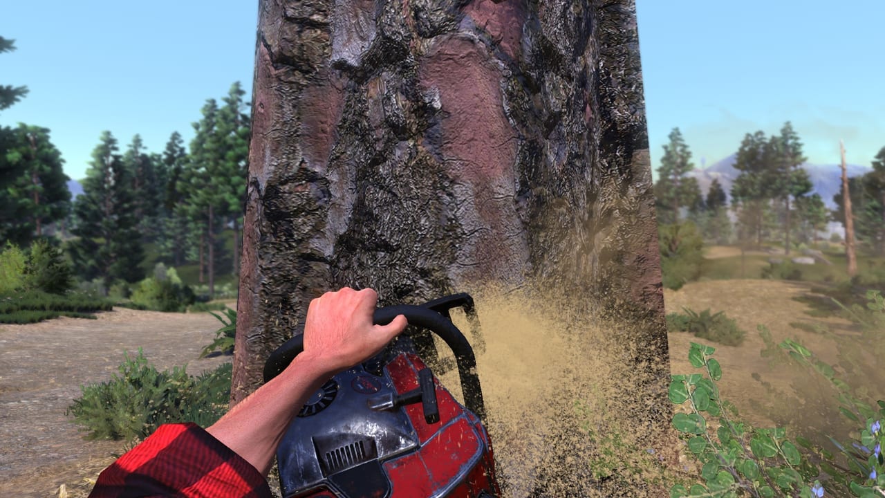 First-person chainsaw cutting a pine trunk in Lumberjack's Dynasty
